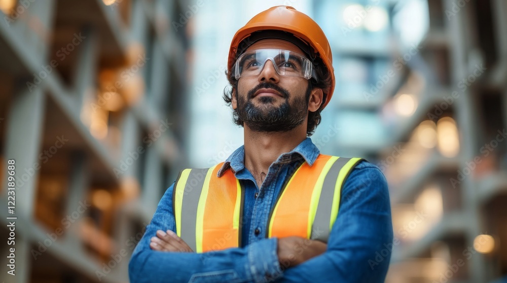 Portrait of handsome indian worker in hardhat looking at camera Portrait of handsome indian worker in hardhat looking at camera
