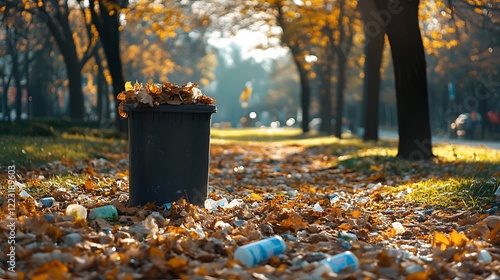 Wallpaper Mural Discarded litter and waste scattered across the forest floor of an autumn park Torontodigital.ca