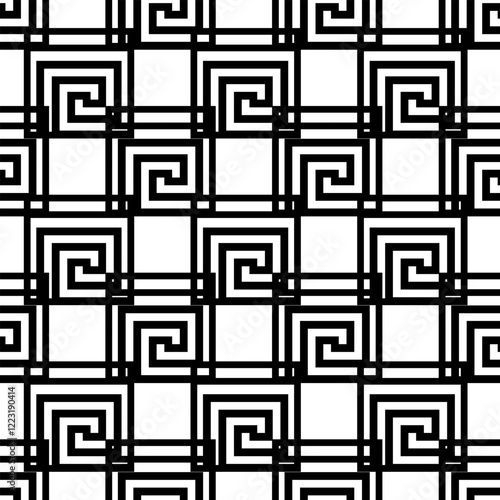 Seamless pattern with black and white geometric ornament. Stylized Greek meander key pattern. Stylized Mediterranean Ceramic, tiles, Patchwork, border, sandblasting. Vector art.