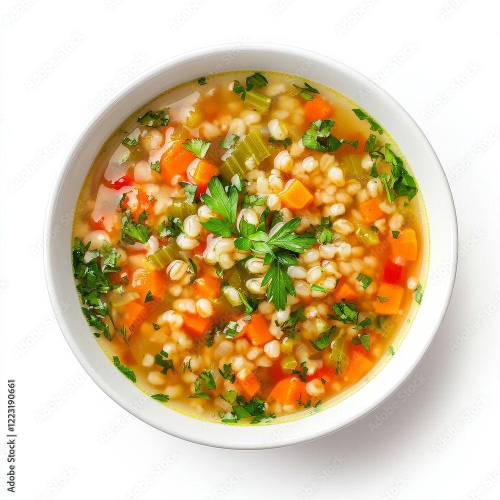 A bowl of hearty vegetable and barley soup with herbs, isolated white background, minimalist art style A bowl of hearty vegetable and barley soup with herbs, isolated white background, minimalist art style