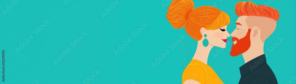 Redhead couple's romantic kiss, teal background, love Redhead couple's romantic kiss, teal background, love