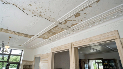 Water damage repair, showcasing a damaged and stained white ceiling with visible water marks and peeling paint, indicating the need for restoration,discoloration, help, fix, renovation, recovery, sign