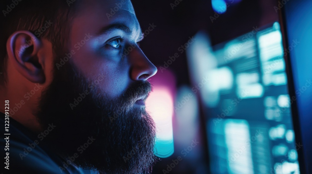 Young caucasian male developer focused on computer screens in dark room Young caucasian male developer focused on computer screens in dark room
