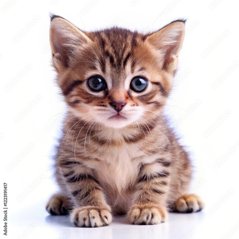 A cute, small tabby kitten with big blue eyes sitting on a white surface, showcasing its playful and curious nature. A cute, small tabby kitten with big blue eyes sitting on a white surface, showcasing its playful and curious nature.