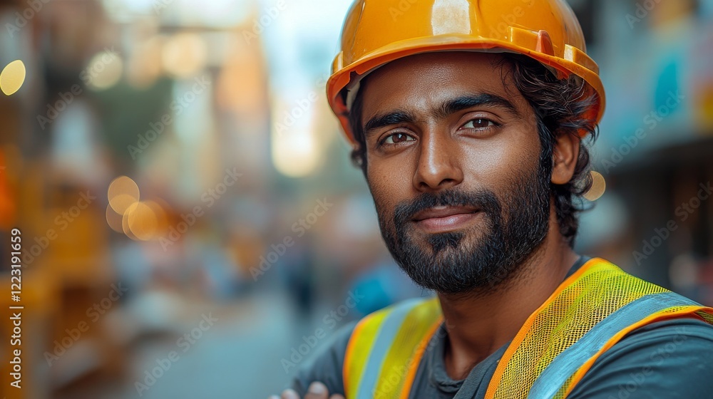 Portrait of handsome indian worker in hardhat looking at camera Portrait of handsome indian worker in hardhat looking at camera