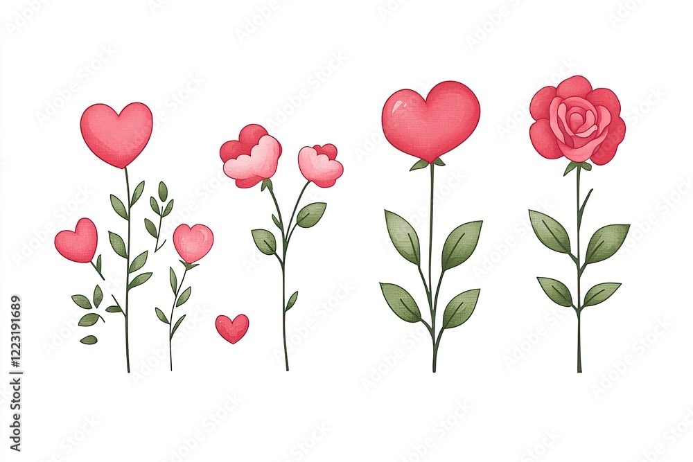 Obraz premium A collection of illustrated flowers and hearts in varying sizes and styles on a white background