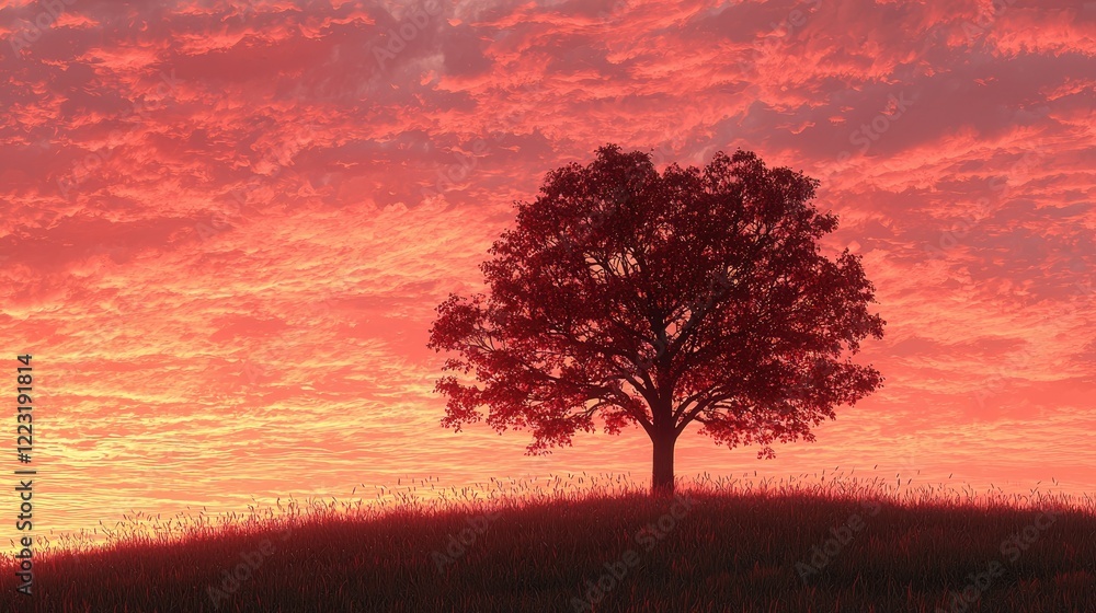Obraz premium Solitary Tree Silhouette Against a Fiery Sunset Sky