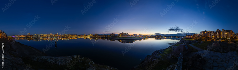 Panoramic 360 Twilight Urban Waterfront View With City Lights Reflecting on the Water Panoramic 360 Twilight Urban Waterfront View With City Lights Reflecting on the Water