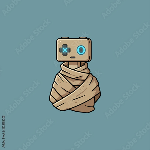 A cute, cartoon robot with a game controller head is snugly wrapped in tan bandages.  Its glowing blue eye adds a touch of mystery to this charming, whimsical scene.