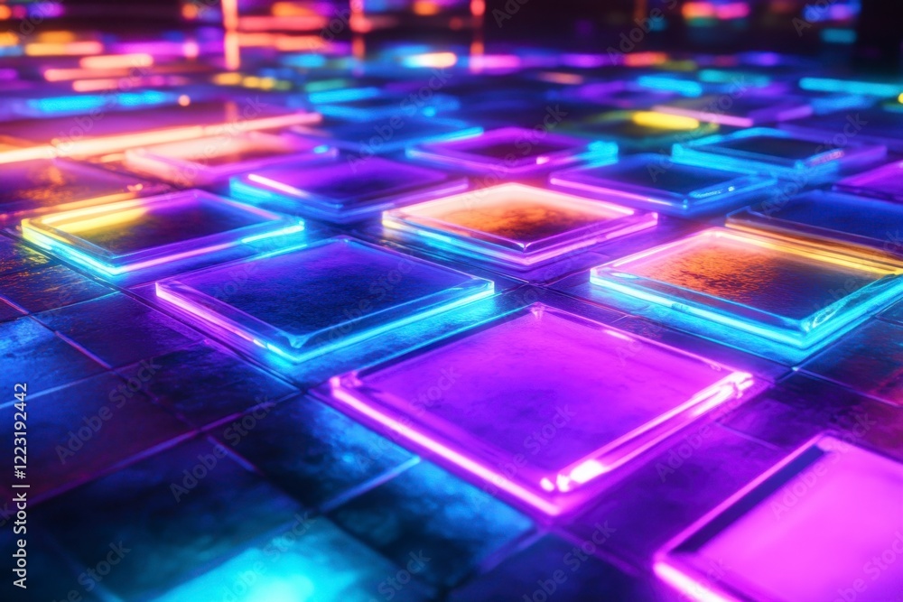 Vibrant Neon Squares Glow on a Dark Reflective Surface Vibrant Neon Squares Glow on a Dark Reflective Surface