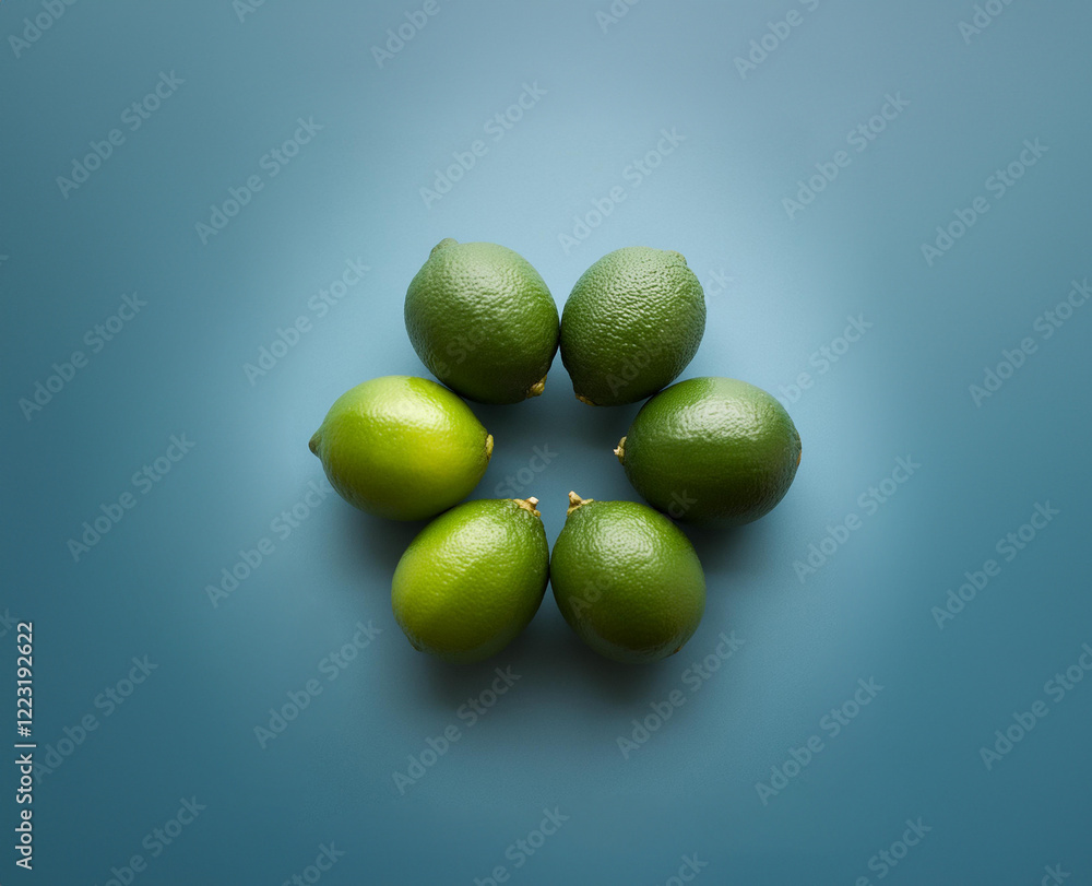 Fruit background. Composition featuring a group of six limes arranged in a circle on a light blue surface. Fruit background. Composition featuring a group of six limes arranged in a circle on a light blue surface.