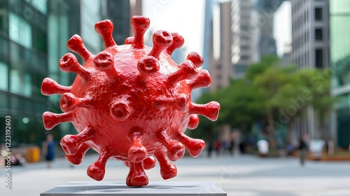 A vibrant red sculpture representing a virus, set against a modern urban backdrop, highlighting themes of health and community awareness. photo