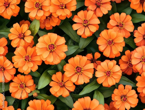 Wallpaper Mural A Seamless Pattern of Orange Zinnia Flowers with Yellow/Orange Centers and Green Leaves on a White Background
 Torontodigital.ca