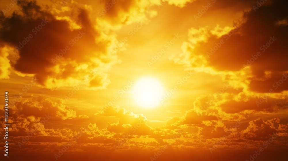 Bright yellow sun shining through beautiful cloudscape at sunset Bright yellow sun shining through beautiful cloudscape at sunset