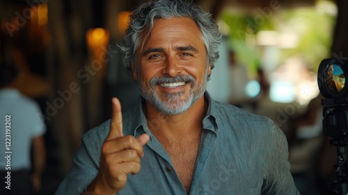 Smiling man gestures with a finger in a vibrant indoor setting, capturing a joyful moment