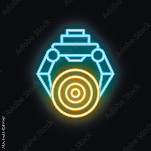 Neon industrial robot arm holding workpiece glowing on dark background