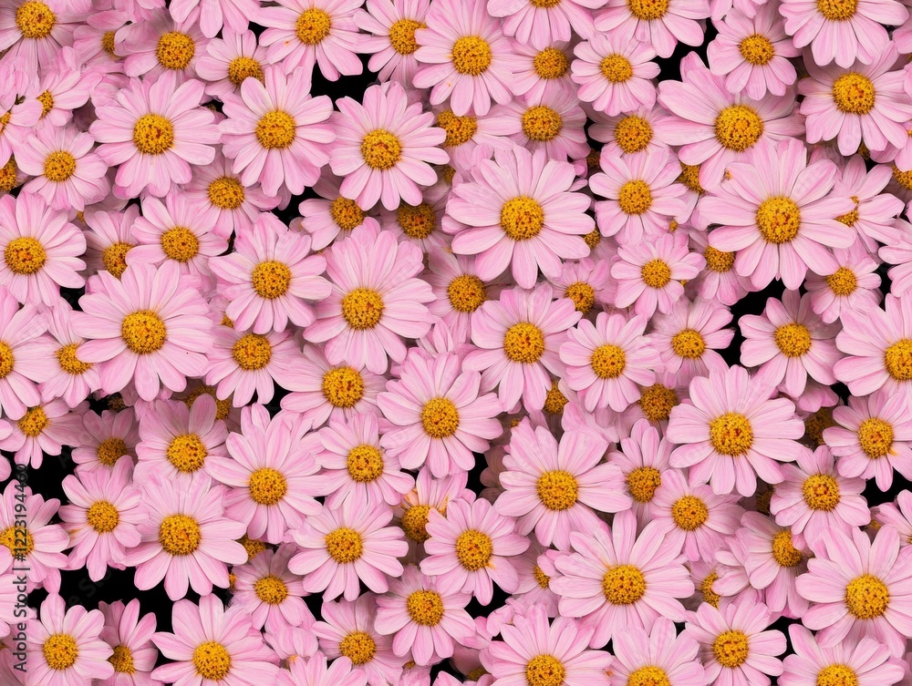 Scattered Pink Daisy Flowers and Buds with Yellow Centers on a White Background
Scattered Pink Daisy Flowers and Buds with Yellow Centers on a White Background