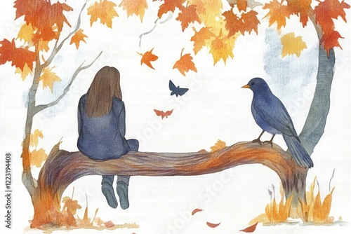 A serene autumn scene featuring a girl sitting on a log, observing a bird and falling leaves