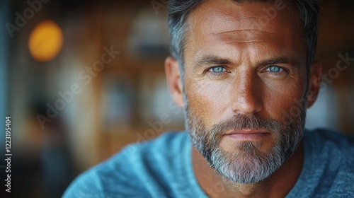 Close-up portrait of a mature man with blue eyes and a beard, captured in a cozy caf? setting