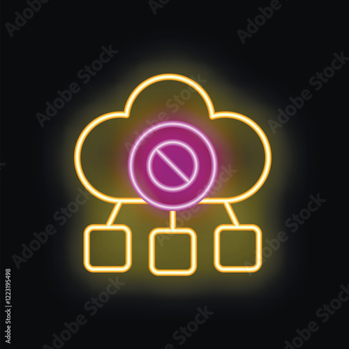 Neon glowing icon of a cloud computing system showing blocked access to the network, with a stop sign superimposed on the cloud