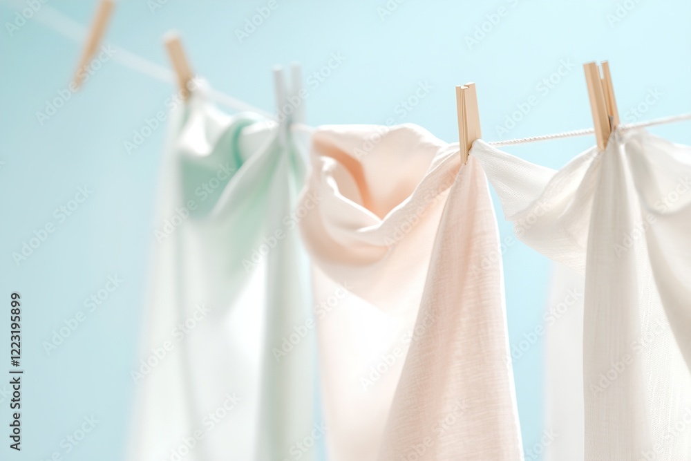 Fresh linen dries gracefully on a clothesline, gently swaying in a light breeze. The pastel background enhances the tranquil and clean atmosphere, ideal for relaxation Fresh linen dries gracefully on a clothesline, gently swaying in a light breeze. The pastel background enhances the tranquil and clean atmosphere, ideal for relaxation