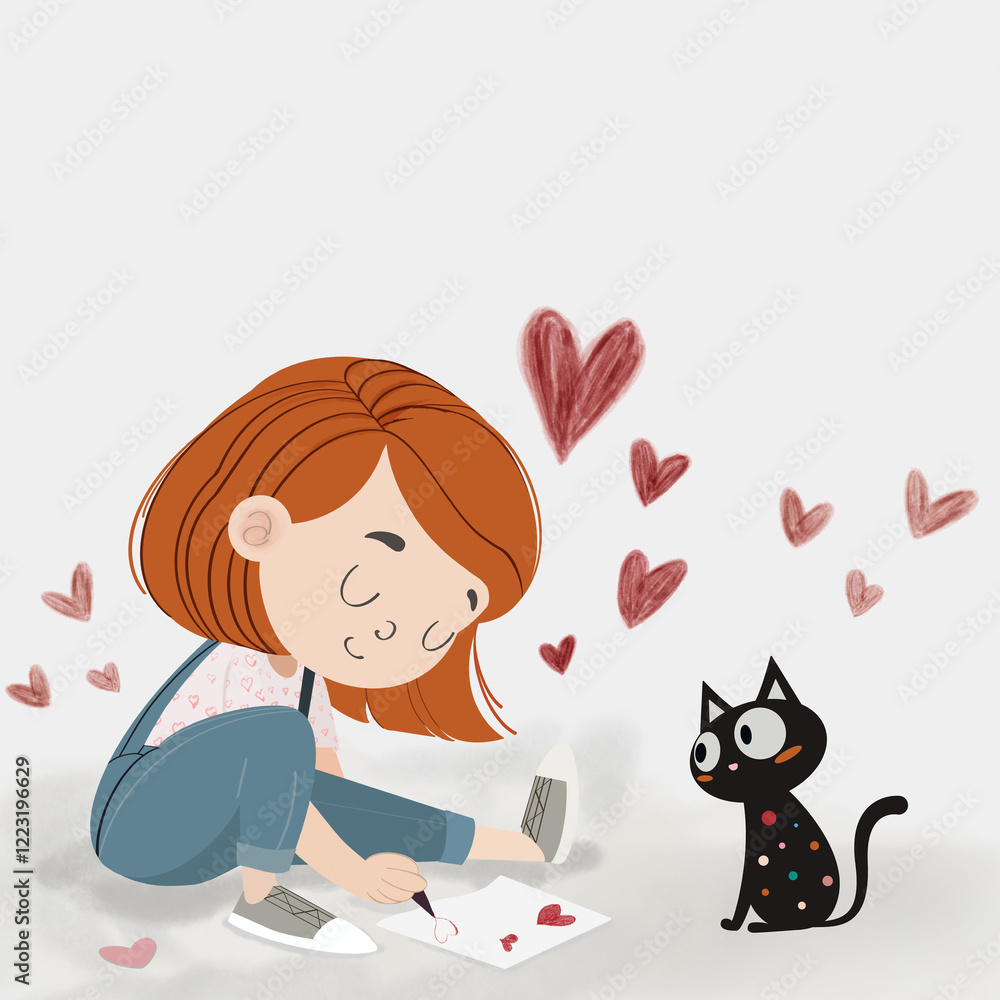 Illustration of a girl with red hair drawing hearts next to a black cat on a light colored background with blank space for text Illustration of a girl with red hair drawing hearts next to a black cat on a light colored background with blank space for text