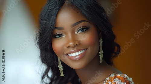 Portrait of a smiling woman with elegant earrings, showcasing her beauty in a softly lit setting