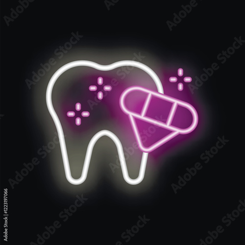 Neon icon of a tooth getting cleaned representing the concept of dental hygiene