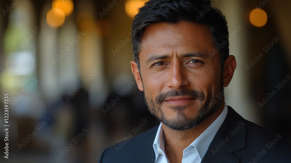 Confident man in a suit smiling warmly, with blurred background of a bustling outdoor setting Confident man in a suit smiling warmly, with blurred background of a bustling outdoor setting