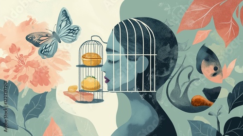 Conceptual Representation of Eating Disorders and Emotional Struggles. Visualizing Anorexia Nervosa: Restriction and Fear of Weight Gain. Bulimia Nervosa Depiction. mental health - Eating Disorders