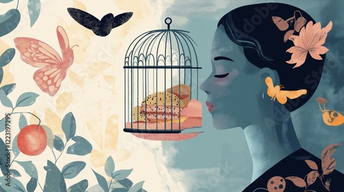 Conceptual Representation of Eating Disorders and Emotional Struggles. Visualizing Anorexia Nervosa: Restriction and Fear of Weight Gain. Bulimia Nervosa Depiction. mental health - Eating Disorders photo