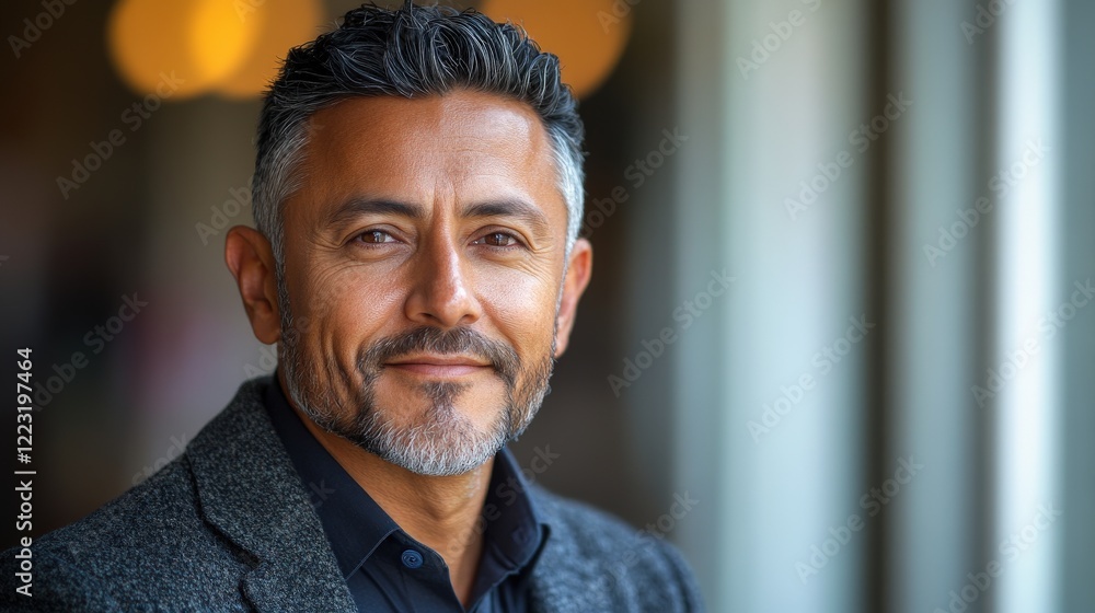 Professional man with salt-and-pepper beard smiling warmly by a window with blurred background Professional man with salt-and-pepper beard smiling warmly by a window with blurred background