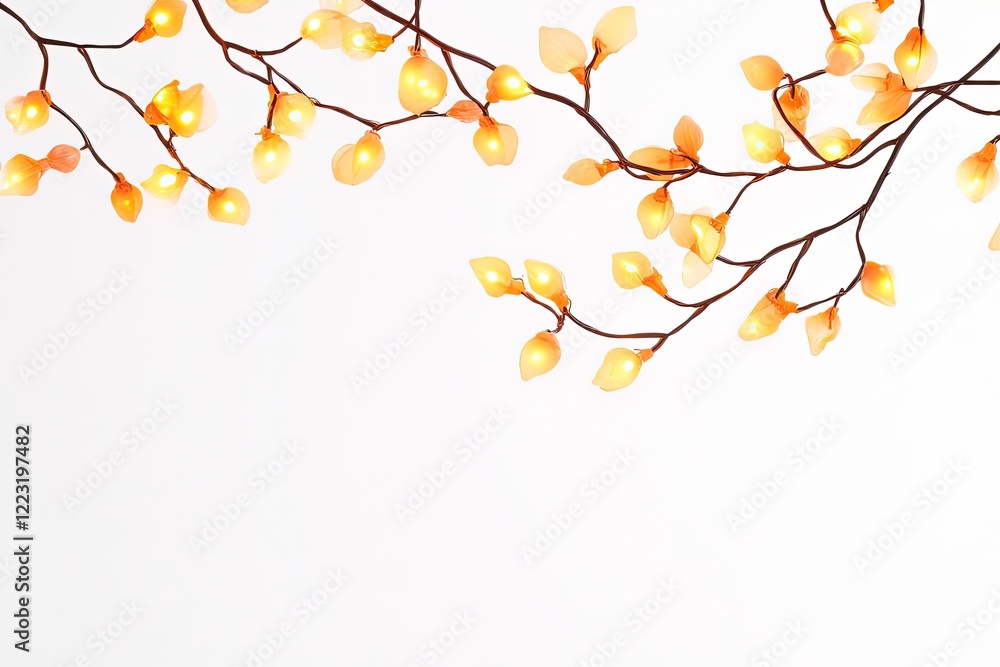 Fototapeta premium Decorative branch with glowing yellow leaves against a white background, creating a warm ambiance