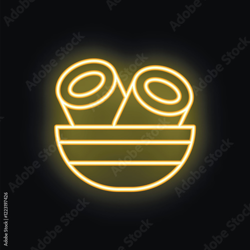Glowing neon icon of two spring rolls in a bowl, perfect for restaurants and food businesses