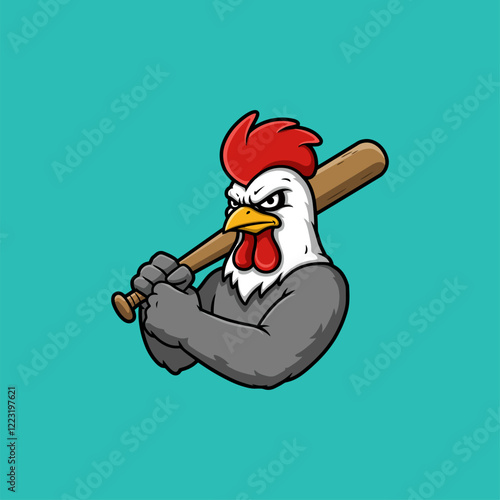 A tough rooster, gripping a baseball bat, stares intensely.  Strong, cartoonish style, vibrant colors, and a powerful mood.