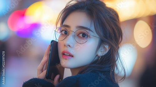 Young woman with glasses talking on her phone in a vibrant, illuminated urban setting at night