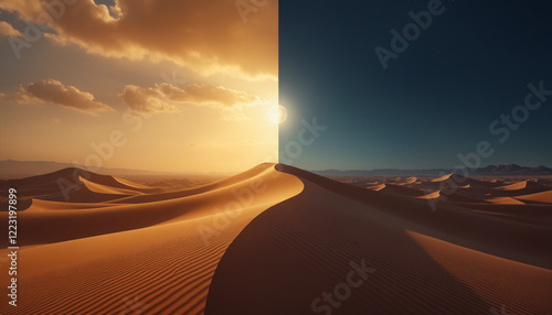 Vast desert landscape divided into day and night, golden dunes under sunlight and glowing moon, atmospheric lighting enhancing contrast  