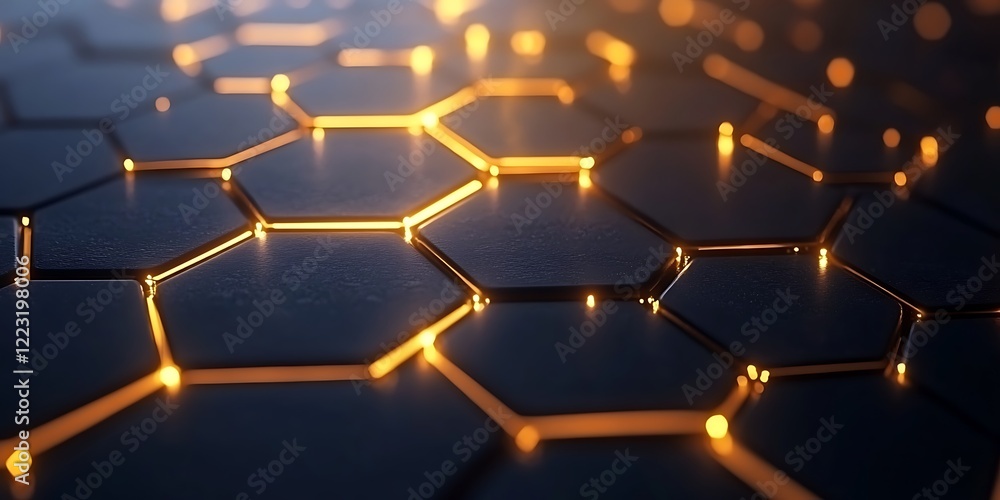 Fototapeta premium 3D render of a hexagon pattern with glowing lights on a black background