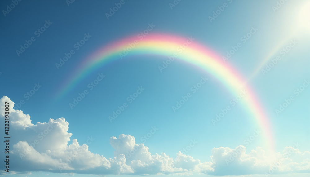 Digital illustration of a bright rainbow bending over a clear blue sky, sunlight Digital illustration of a bright rainbow bending over a clear blue sky, sunlight