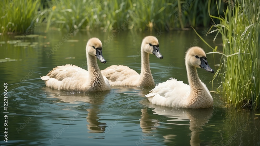 Three cygnets swim in a shallow, greenish pond surrounded by tall grasses. Three cygnets swim in a shallow, greenish pond surrounded by tall grasses.