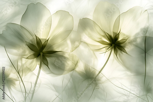 illustration of delicate fresh white flowers with gentle petals blooming in garden