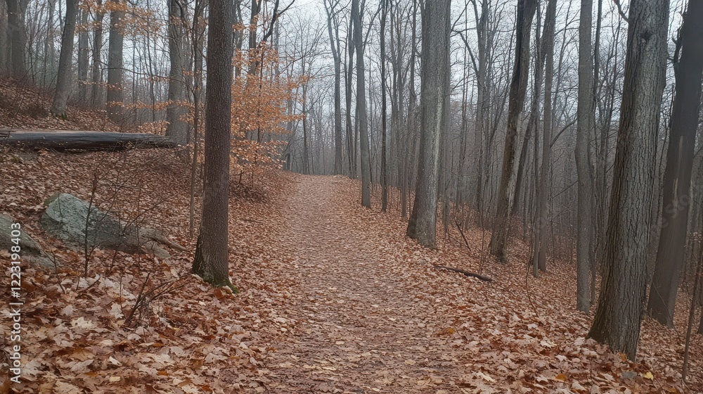 Serene woodland path in autumn with fallen leaves and bare trees Serene woodland path in autumn with fallen leaves and bare trees