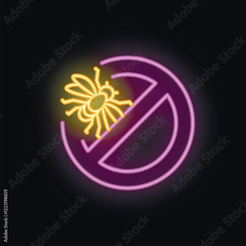 Neon sign is glowing in the dark, showing a stop sign crossing over a mosquito, representing mosquito repellent products