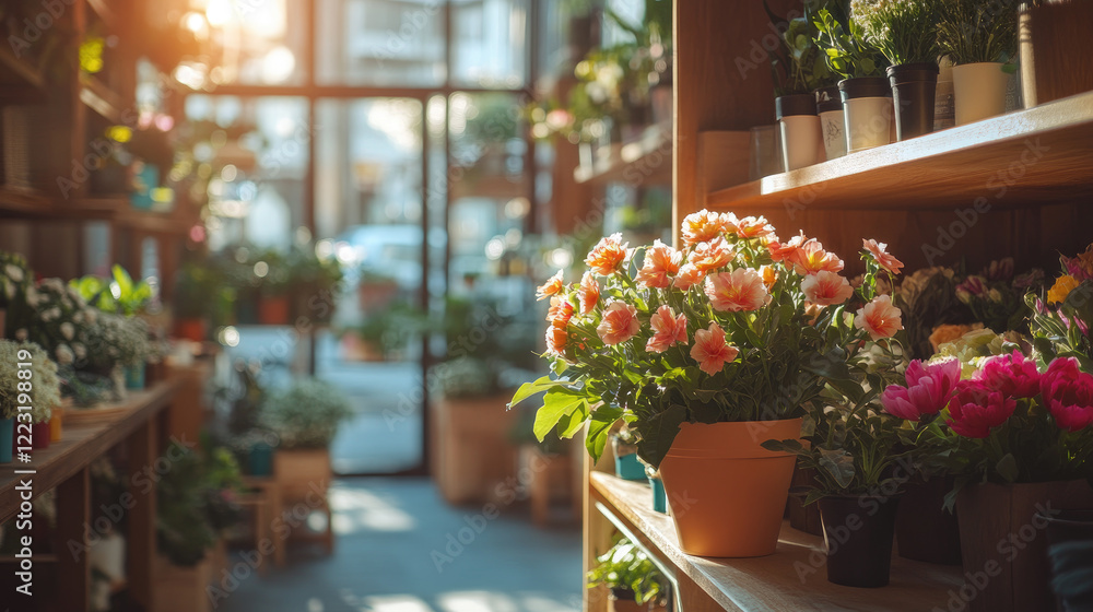 Fototapeta premium Sunlight pours into a charming floral boutique, highlighting colorful flowers and lush greenery. The inviting space is perfect for flower lovers to find seasonal arrangements and plants