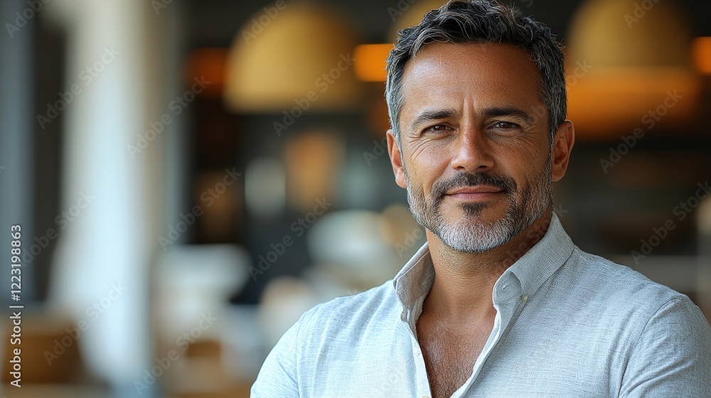 Obraz premium Confident man in casual attire smiles warmly in a modern caf? with blurred background activity