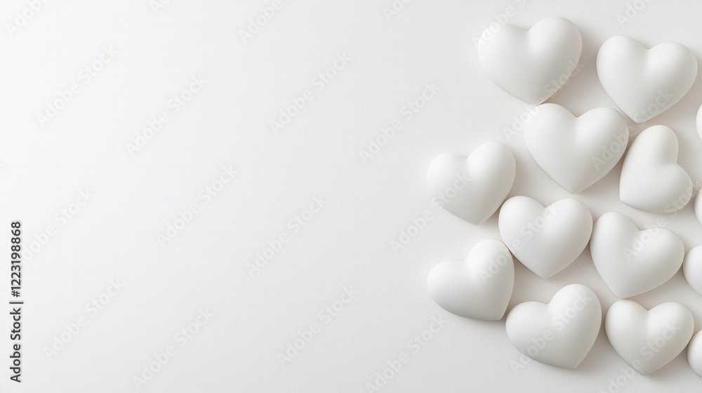 A serene arrangement of white heart shapes on a light background, symbolizing love and purity. A serene arrangement of white heart shapes on a light background, symbolizing love and purity.