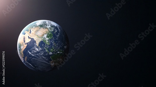 A stunning view of Earth from space, showcasing its blue oceans, green continents, and atmospheric details against a dark background.