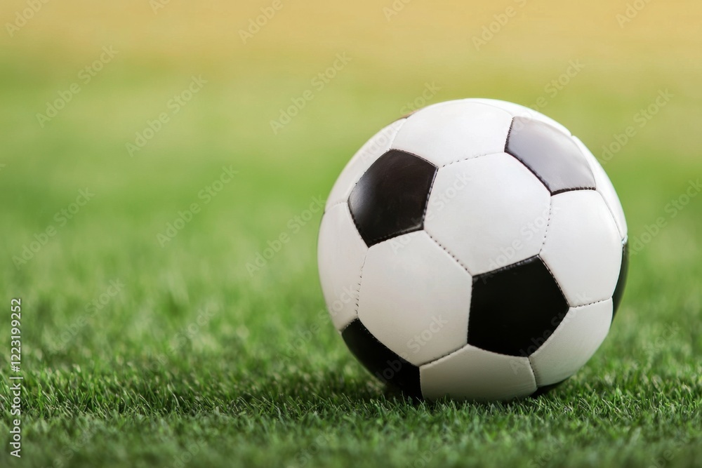 Obraz premium A classic black-and-white soccer ball resting on lush green grass, emblematic of outdoor sports and recreation.