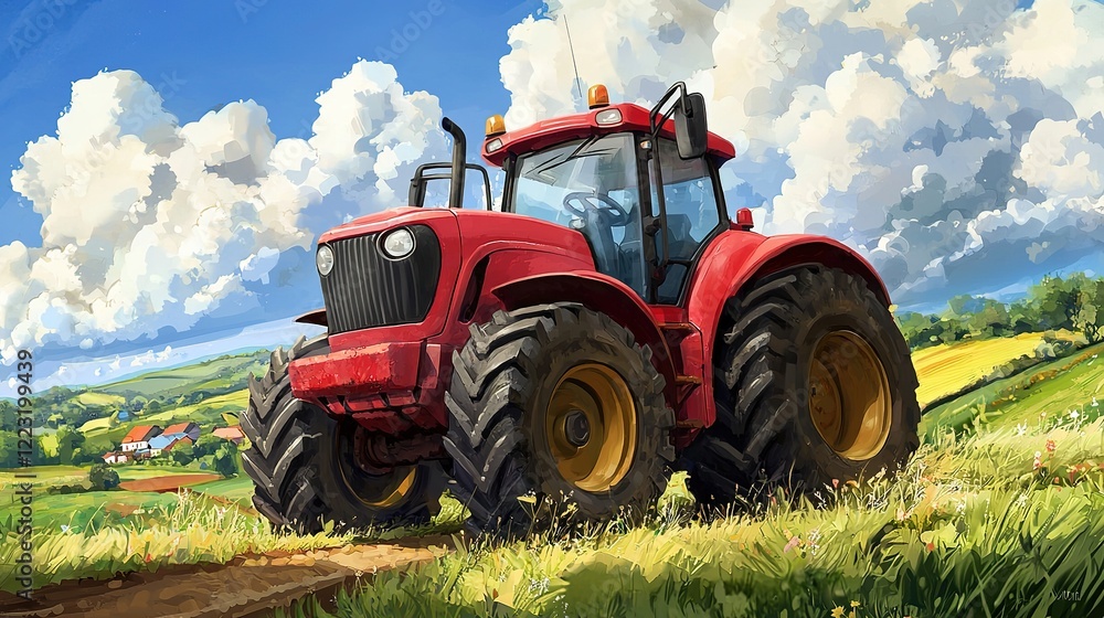 Obraz premium A vibrant depiction of a tractor highlighting the shift to renewable energy in farming.