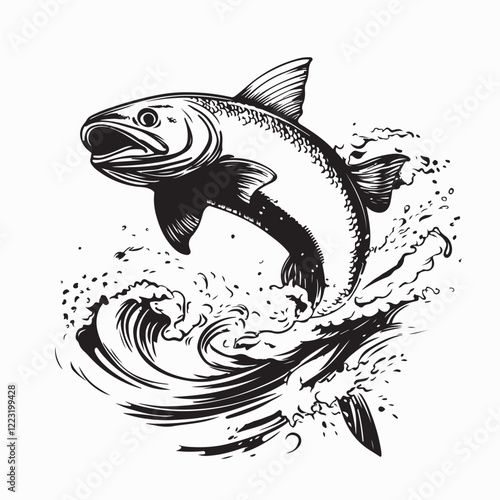 Fish in the water. Illustration of a salmon jumping out of the water vector image.